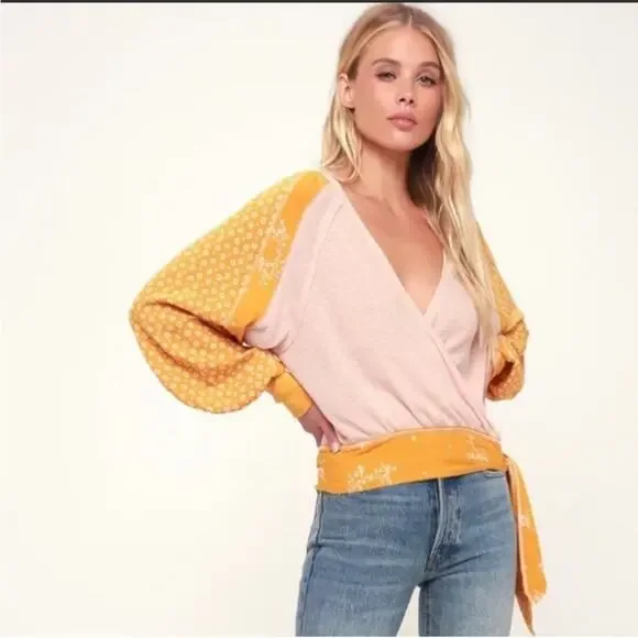 Free People Auxton Floral Thermal Wrap Top in Light Pink and Mustard S - Picture 1 of 10